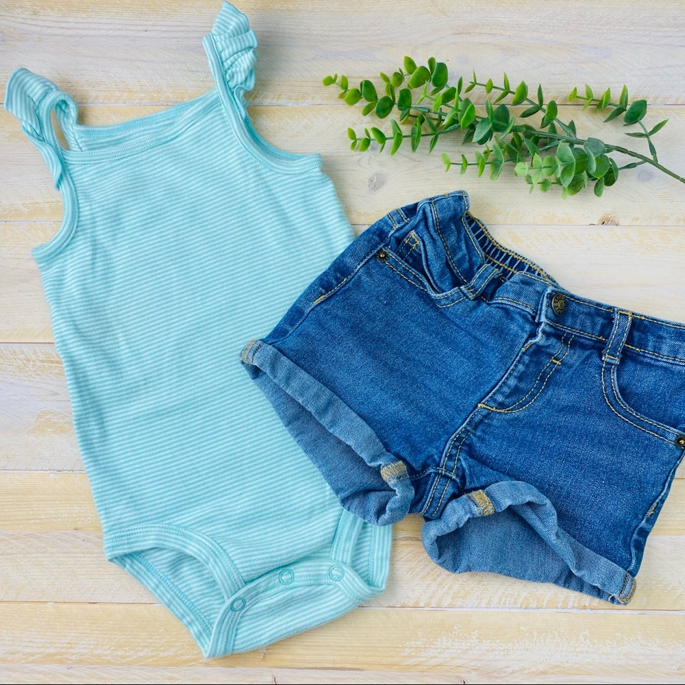 Turquoise Stripe Tank Onesie + Cuffed Denim Shorts